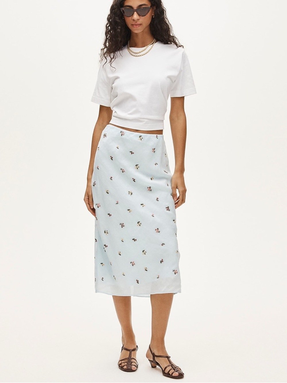 NWT J. Crew Midi Slip Skirt in Embroidered Ramie Midday Skies Flowers Blue Sz M